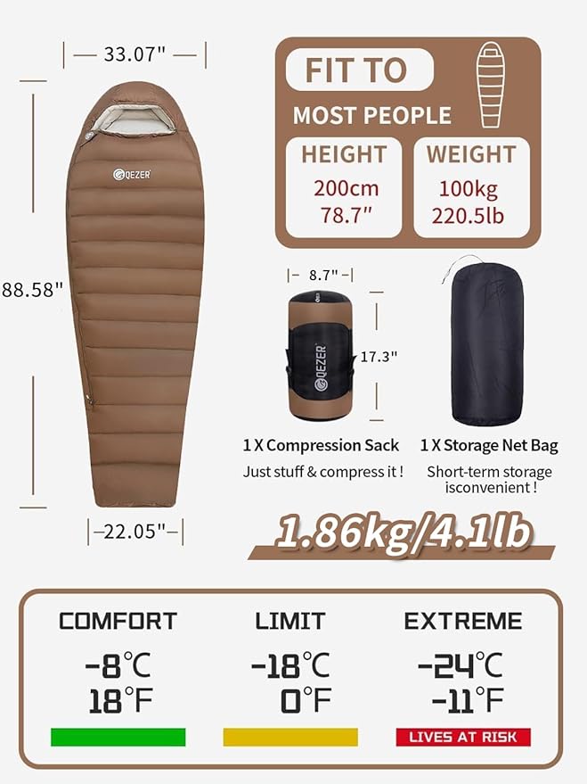 0 Degree Sleeping Bag for Adults 650 Fill Power Down Sleeping Bag for Cold Weather -20F / -8F / 0F / 10F Large Lightweight