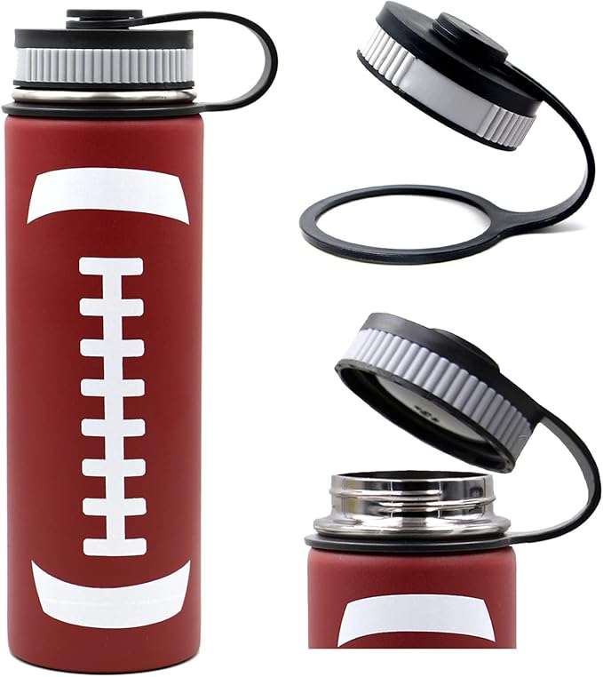 22 oz Football Water Bottle, Sports Cup Flask Metal Thermo Travel Mug with 2 Lids, Stainless Steel Double Wall Vacuum Leakproof Insulated Water Bottles, Football Accessories Stuff Gifts for Boys Girls