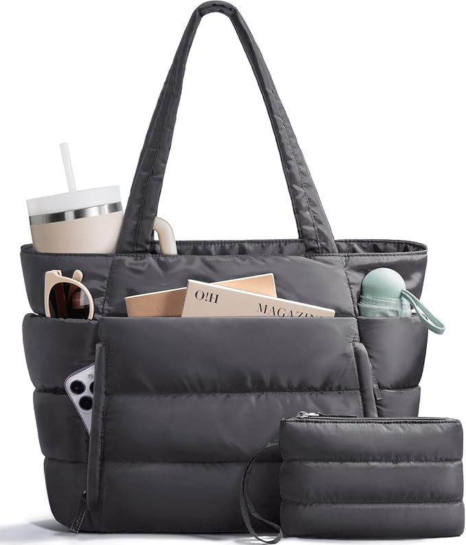 Puffer Tote Bag for Women, Lightweight Puffy Work Handbag Teacher Nurse Quilted Shoulder Bag for School Travel Gym