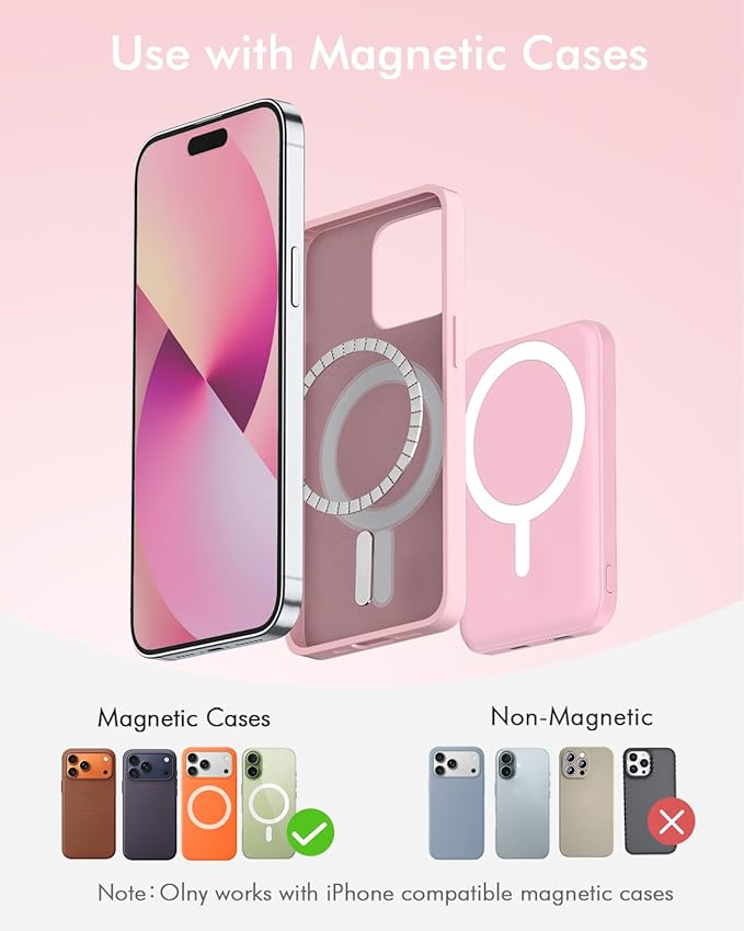 podoru for Magsafe Battery Pack, 5000mAh Magnetic Power Bank with Type-C Cable 20W PD Fast Charging Lighting Input Wireless Portable Charger for iPhone 17/16/15/14/13/12/ All Series-Pink