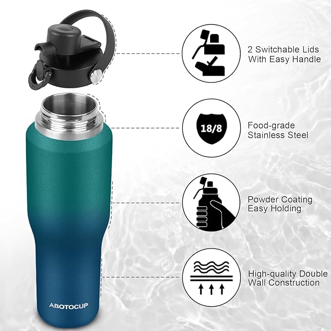 Insulated Water Bottle 40oz with Straw/Spout Lids, Stainless Steel Water Bottles Keep Cold 24h&Hot 12h, Metal Water Bottle with Straw that Fits in Cup Holder, Water Bottle Leak-proof,BPA Free