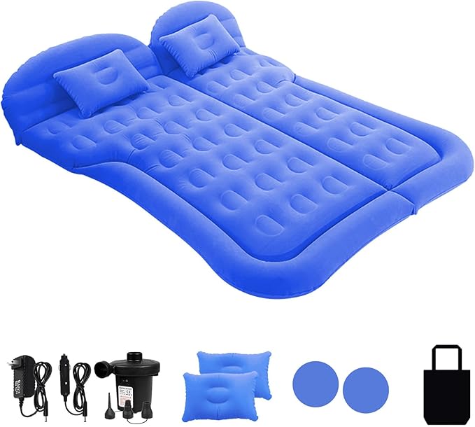 ISWEES Car Bed SUV Air Mattress, Car Air Mattress with Home Power Adapter, Electric Pump, 2 Inflatable Pillows and 2 Footrests for Back Seat, Side Seat,Trunk Sleeping, Thickened Camping Bed - Blue