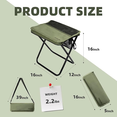 16" Extra Tall Portable Folding Stool for Adults, X-Large Collapsible Camping Chair with 3 Storage Pockets, Heavy Duty Travel Seat for Fishing, Hiking, Gardening