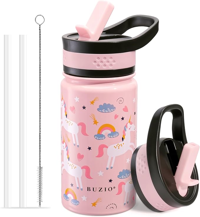 BUZIO 14oz Kids Water Bottle with Straw Lid, Insulated Toddler Water Bottle for School Stainless Steel Thermo Cup for Girls Boys Reusable Leak Proof Bpa-Free Double Walled Flask, Pink Unicorn
