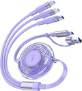 100W 6-in-1 Retractable Multi Charging Cable, USB C/Lightning/Micro Multi Charger Cord for iPhones, iPads, MacBook, Tablets, Galaxy, Note & More - 4Ft/1.2M 5A Fast Charging, Durable & Portable, Purple