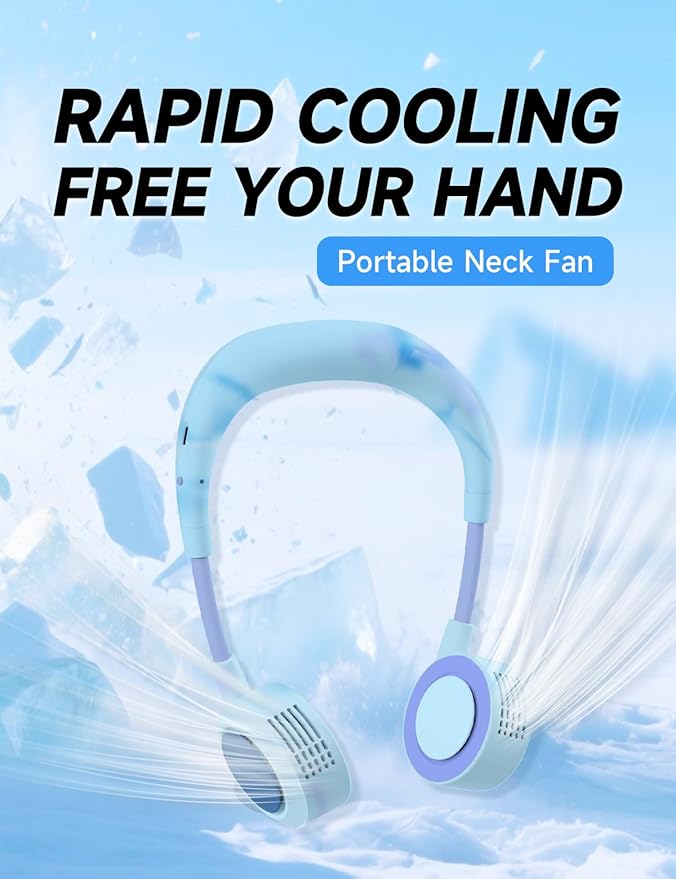 Portable Neck Fan, Hand-Free Fan, 5 Speeds, Foldable, Twistable, Lightweight, Rapid Cooling, Fashion, Quiet, Rechargeable, Summer Gift (Fluid Ice Blue)