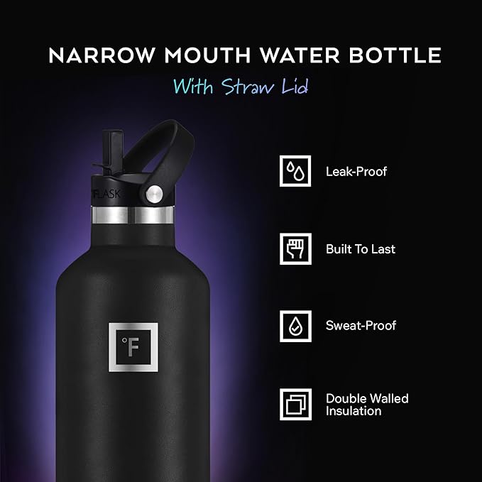 IRON °FLASK Camping & Hiking Hydration Canteens - 3 Lids (Narrow Straw Lid) Leak Proof Vacuum Insulated Stainless Steel - Hot & Cold Double Walled Sports Water Bottle - Aurora, 24 Oz