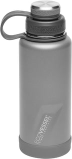 EcoVessel Stainless Steel Water Bottle with Insulated Dual Lid, Insulated Water Bottle with Strainer and Silicone Bottle Bumper, Coffee Mug – 32oz (Slate Grey)