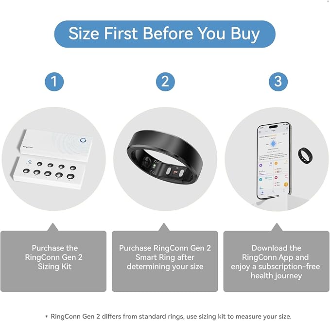 RingConn Gen 2, World’s First Smart Ring with Sleep Apnea Monitoring, No APP Subscription, 12-Day Battery Life, Stress/Heart Rate/Women's Health Tracker, Android & iOS Compatible (Black, Size 8)