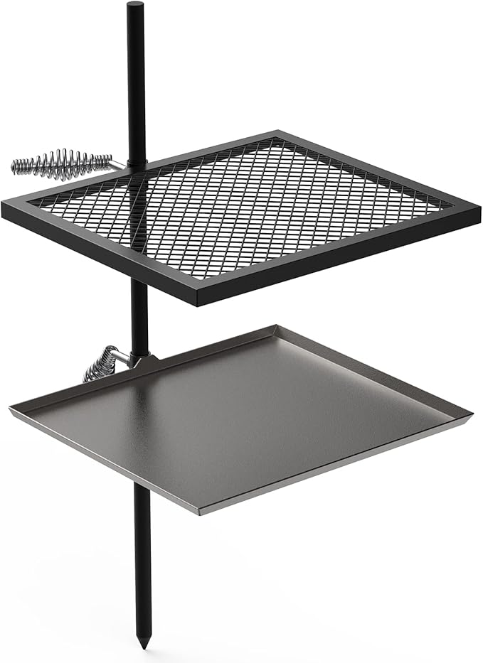 Stanbroil Adjustable Swivel Grill - Steel Mesh Cooking Grate with Spike Pole and Griddle Plate for Outdoor Open Flame Cooking - Dual Campfire Steel Cooking Grill Grate Swivel System