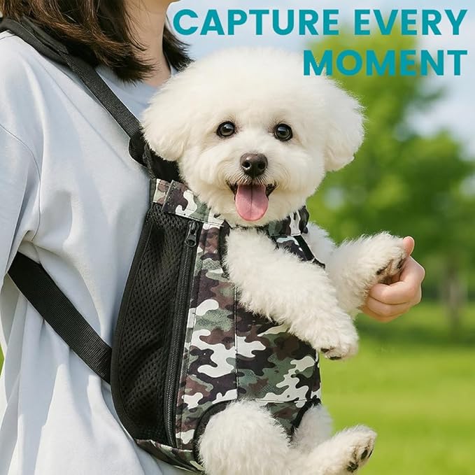 Dog Backpack Carrier, Front Pocket for Essentials, Legs Out Carrying Sling Travel Bag for Small Medium Dogs 2.5-4 Lbs, Soft Wearable Puppy Chest Carry Backpacks for Walking/Hiking/Camping/Traveling