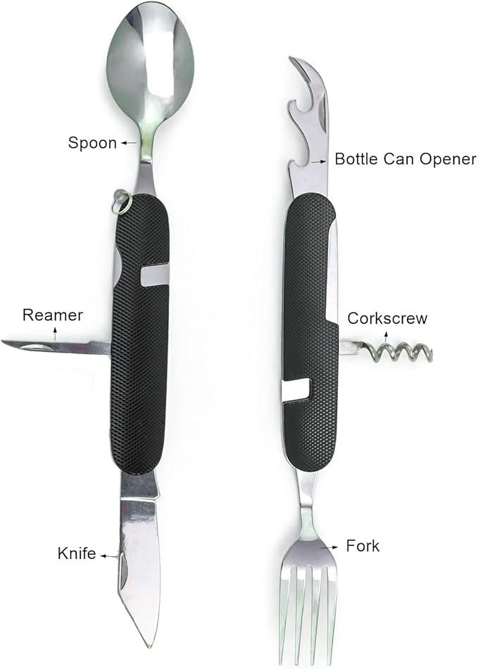 6-in-1 Multi-Function Camping Utensil Flatware Set Detachable Spoon Fork Knife Combo Mess Kit with Carrying Pouch (Black + Gold + Green)