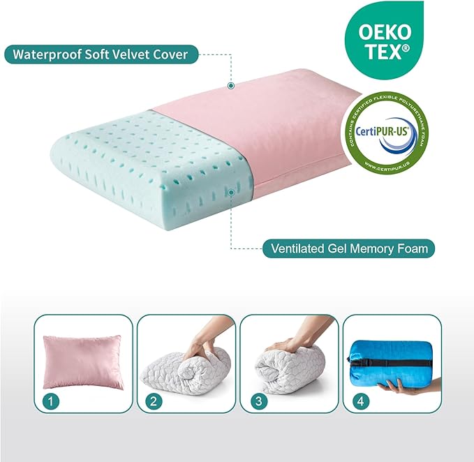 Small Gel Memory Foam Camping Pillow Travel - Contoured Support -Compressible Pillow Ideal for Backpacking, Camping, Travel, Car, Airplane,Office Nap