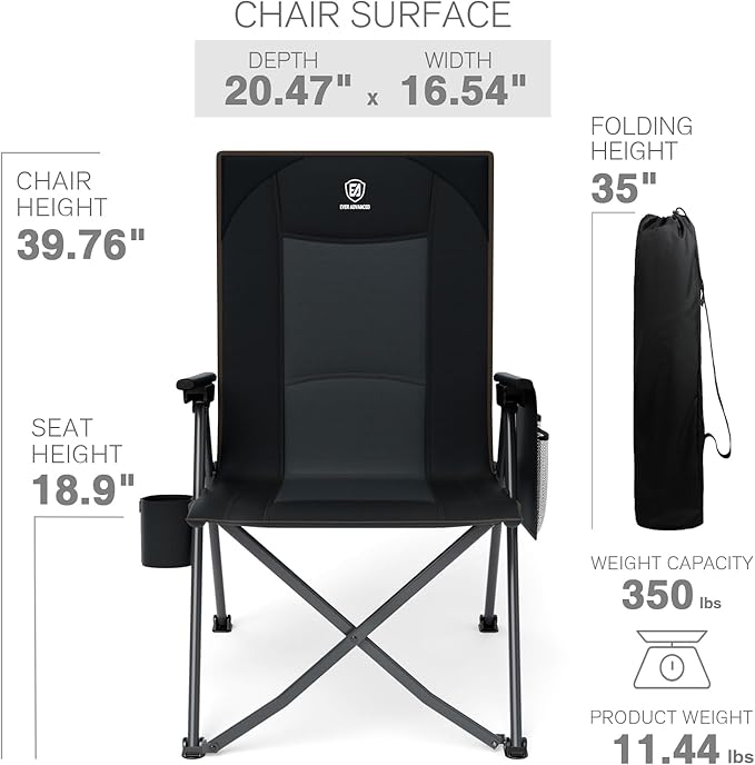 EVER ADVANCED Reclining Camping Chairs for Adult Lightweight, Folding Recliner Chair with Adjustable Back, 4-Level Lounge Chairs, Portable Lawn Chairs for Patio Balcony, Supports 350lbs Black