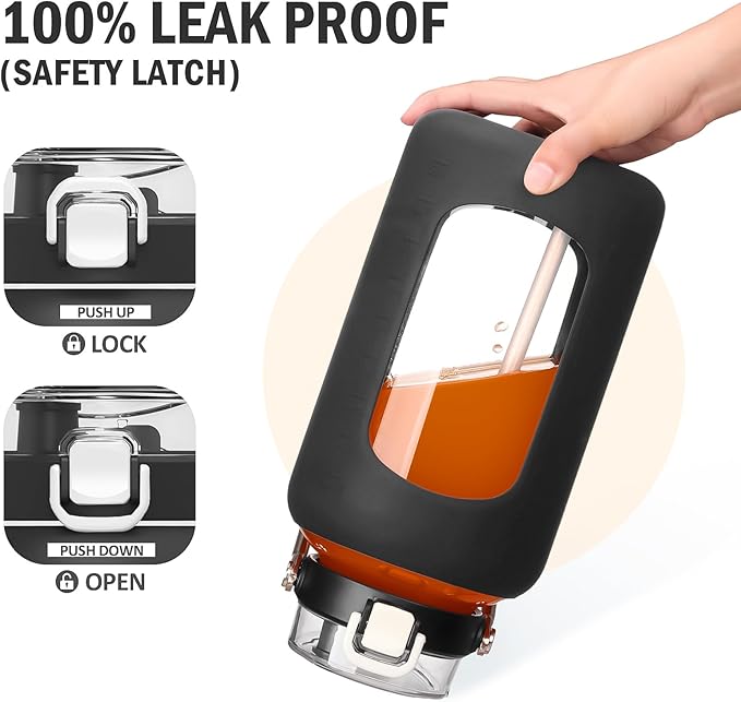 BLUEGO 84oz Water Bottle Glass with Stainless Steel Handle Large 2.5l Water Bottle with Time Markers and Silicone Sleeve Half Gallon Water Jug BPA Free for Gym Daily Use, Black