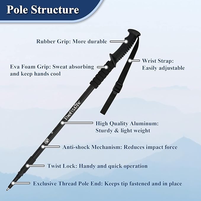 TheFitLife Nordic Walking Trekking Poles - 2 Sticks with Anti-Shock and Quick Lock System, Telescopic, Collapsible, Ultralight for Hiking, Camping, Mountaining, Backpacking, Walking, Trekking