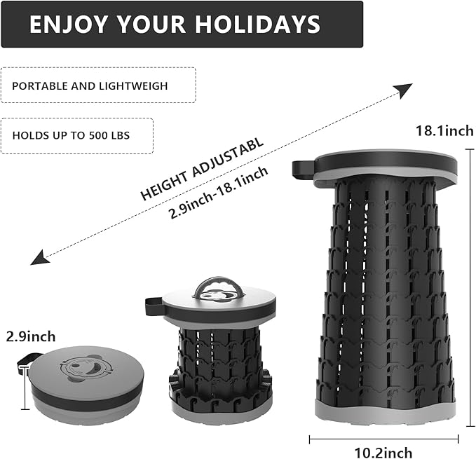 Upgraded Collapsible Stool with Max Load Capacity 330lbs Portable Telescoping & Folding Design Retractable Seat for Camping, Gardening, Fishing & Outdoor Adventures (Grey)