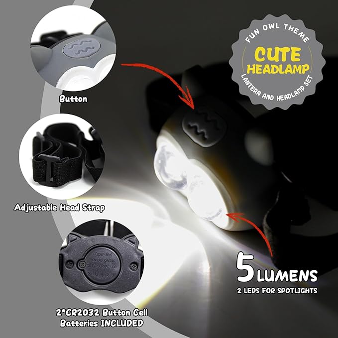 Portable LED Camping Lantern, Head Lamp Kit, Lightweight Battery Powered LED Flashlight for Indoor Outdoor, Kids Camping Gear Gift for Children's Day, Birthday, Easter, Adventure(Owl Set)