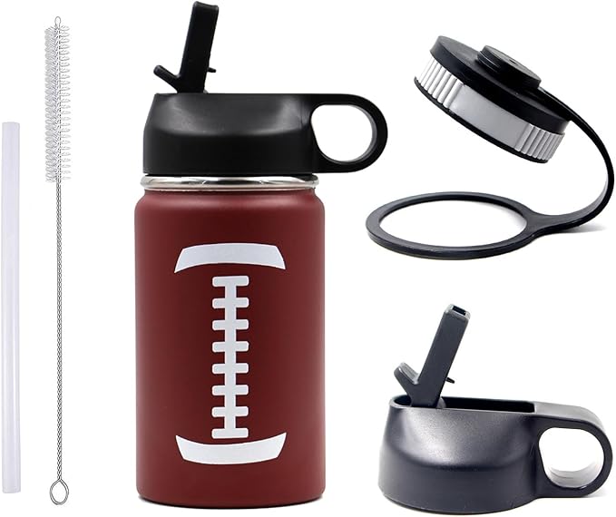 12 oz Football Water Bottle, Sports Cup Flask Metal Thermal Travel Mug with 2 Lids, Stainless Steel Double Wall Vacuum Insulated Leak Proof Water Bottles, Football Accessories Gifts for Mom Boys Girls