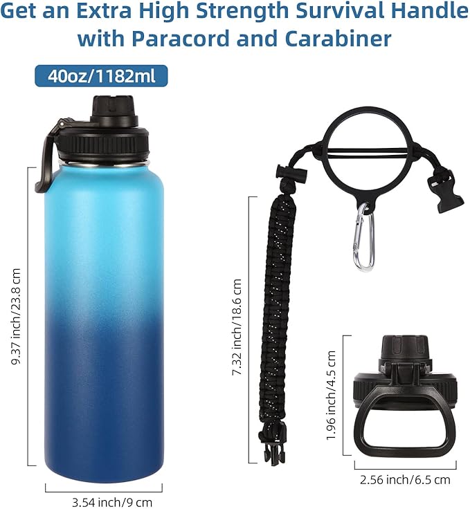 Volhoply 40 oz Insulated Water Bottles Paracord Handle, Stainless Steel Sports Bottle with Spout Lid,Vacuum Metal Travel Water Cups with Wide Mouth,Reusable Water jug for Hiking(Green Blue,1 Set)