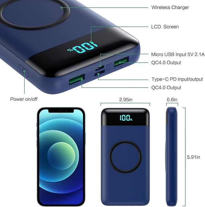 Wireless Portable Charger 30,800mAh 15W Wireless Charging 25W PD QC4.0 Fast Charging Smart LED Display USB-C Power Bank,4 Output& 2 Input External Battery Pack Compatible with iPhone, Samsung etc-Blue