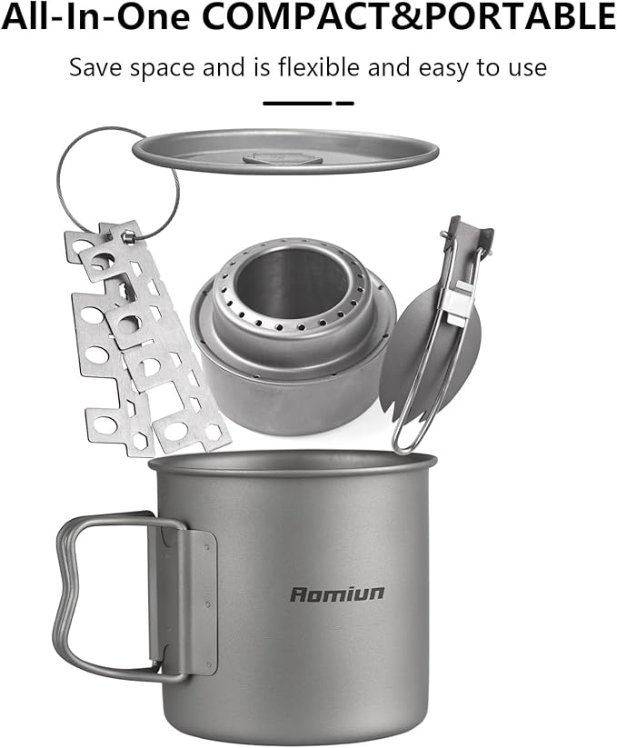 Titanium Camping Cookware 500ml Titanium Cup with Alcohol Stove, Cross Stand & Folding Spork, Lightweight Portable Outdoor Camping Cooking Utensil Set for Backpacking Hiking Traveling