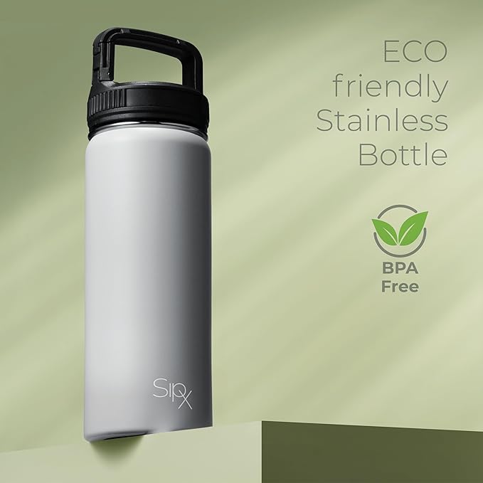 SipX™ Triple-Insulated Stainless Steel Water Bottle 18oz. With 3 Lids, BPA-Free Reusable Insulated Water Bottle Keeps Cold 24 Hours, (Grey)