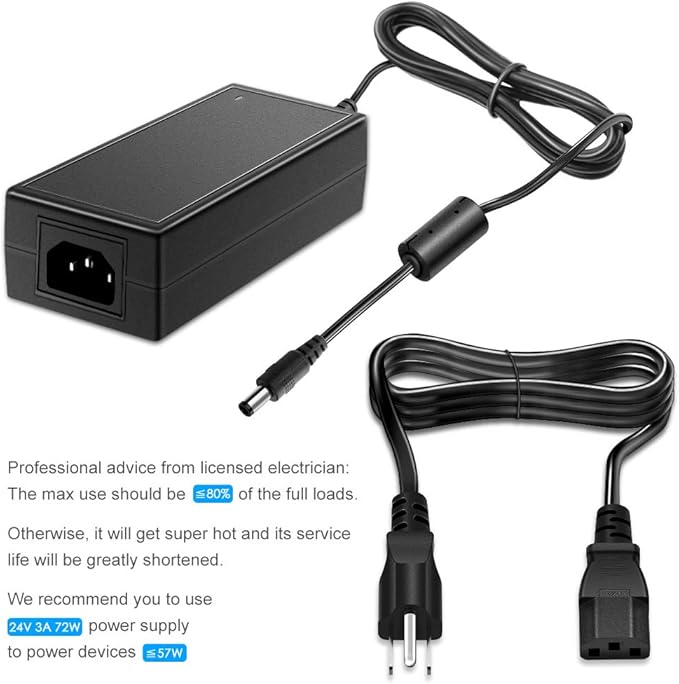 SHNITPWR 24V 3A DC Power Supply Adapter AC 100V~240V to DC 24 Volt 3 Amp 72W Converter Transformer 5.5x2.5mm Plug for 5050 3528 LED Strip Light 3D Printer LED Driver CCTV Security System LCD Monitor