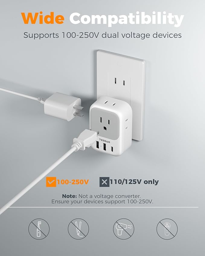 US to Japan Plug Adapter 2 Pack, TESSAN 2 Prong to 3 Prong Outlet Adapter with 4 Outlets 3 USB (1 USB-C), Outlet Adaptor US to Japan China Mexico Philippines Canada Peru Thailand Vietnam