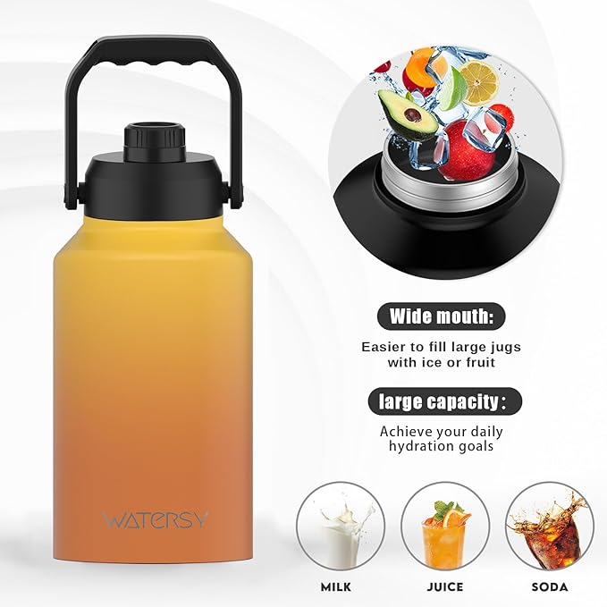 WATERSY 2/3 Gallon Water Bottle Insulated(Cold for 48 Hrs),BPA Free&Leak Proof,87oz Stainless Steel Water Jug/Flask,Big thermo,Large Water Bottle with Handle for Gym,Hiking,Camping,Yellow