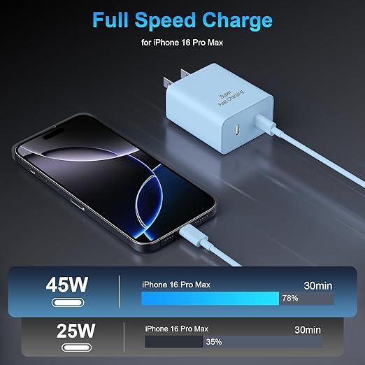 iPhone 17 16 15 Charger Fast Charging, 45W Dual USB C Phone Charger Block with 6FT Long Type C Cable Cord for Apple iPhone 17/Pro/Pro Max/17 Air/16 Pro/16 Pro Max/15 Plus/15 Pro/iPad/S26 Ultra(Blue)