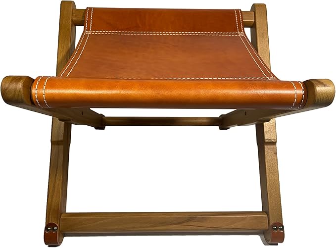 Foldable Leather Stool, Portable Beech Wood Artist Folding Stool, Italian Top Vegetable Tanned Leather Seat, Home Fashion Genuine Leathers Director’s Stools for Home Outdoor Camping Fishing