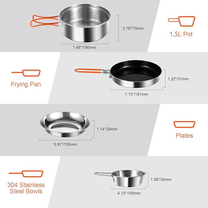 Odoland 10pcs Stainless Steel Camping Cookware Camping Pot and Pan Set with Portable Camping Stove Camping Mess Kit with Plates Bowls Forks Knives Spoons for Hiking Backpacking and Picnic