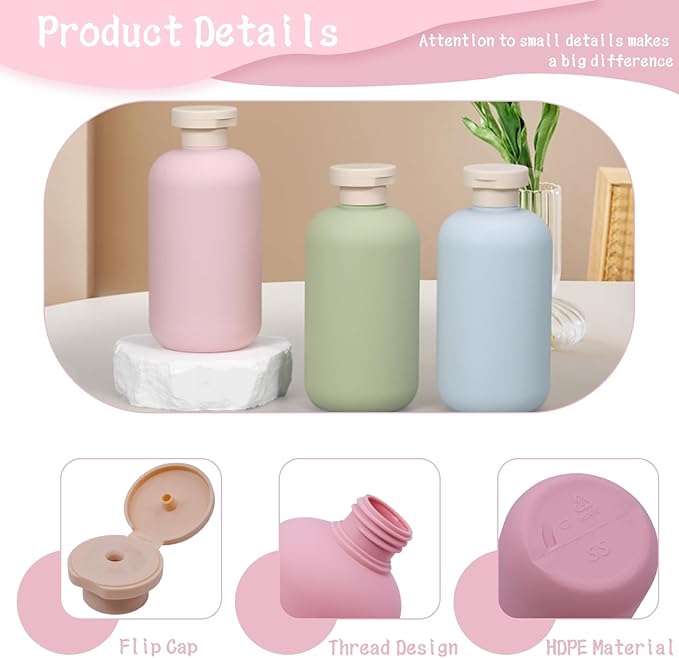 3-Pack Leakproof Travel Bottles - 10 oz Squeeze Shampoo & Lotion Containers with Locking Flip Caps, Food Grade HDPE/PP, for Toiletries, Gym, Camping (Green, Blue, Pink)