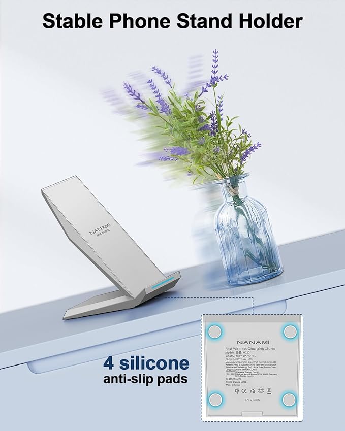 Fast Wireless Charger, NANAMI Qi Certified Wireless Charging Stand Compatible iPhone 17/17 Air/16/16 Plus/15/14/13/12, Desktop Charger for Samsung Galaxy S25/S24/S23/S22/S21 and Qi-Enabled Phone