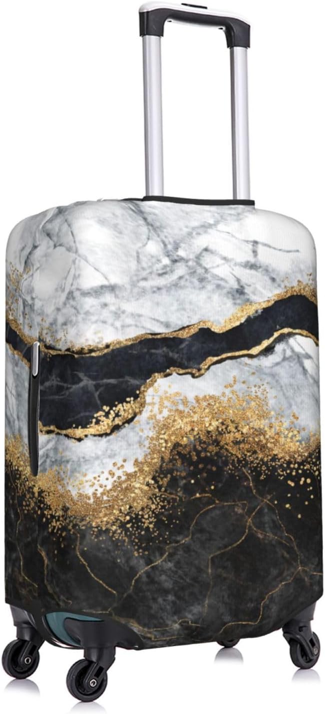 Travel Luggage Cover, White Black Gold Marble Abstract Washable Elastic Baggage Cover Double-sided with Zipper Closure for Wheeled Suitcase Fits 18-21 Inch Luggage