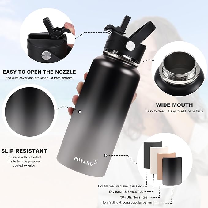 Water Bottle Insulated 32oz 40oz 64oz 128oz Straw Lid Spout Lid & 3 Lids, Leak Proof, Vacuum Insulated,Stainless Steel Water Bottle Wide Mouth for Sports, Gym or Office