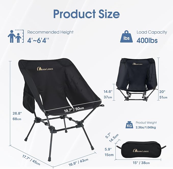 MOON LENCE Portable Camping Chair, Backpacking Chair, Ultralight & Compact, 330 lbs Capacity, for Outdoor Camp, Travel, Beach, Picnic, Hiking (Black)