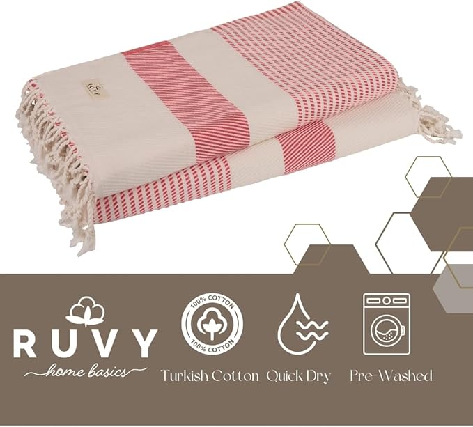 Ruvy Home Basics 2 Pack Turkish Beach Towels – Oversized Quick-Dry Bath Towels (40 x 72 Inches) – 100% Cotton Large Towels for Pool, Yoga, Travel, Camping Essentials, and Bathroom Decor - Coral