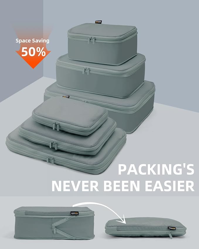 6 Set Compression Packing Cubes, Suitcase Storage Bags for Clothes and Travel Essentials (Steel Blue)