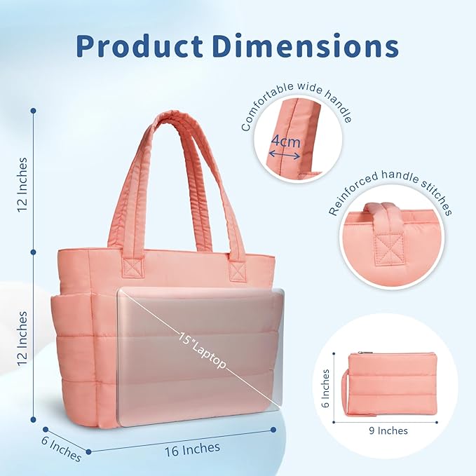 TOPDesign Puffer Tote Bag for Women, Lightweight Puffy Handbag with Compartments, Quilted Shoulder Bag for Work, Travel, Gym