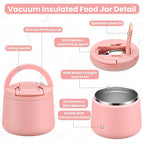 14oz Insulated Vacuum Food Jar with Buckle Lid,Soup Thermo for Hot Food Kids,Wide Mouth Leakproof Stainless Steel Lunch Container with Spoon-Pink