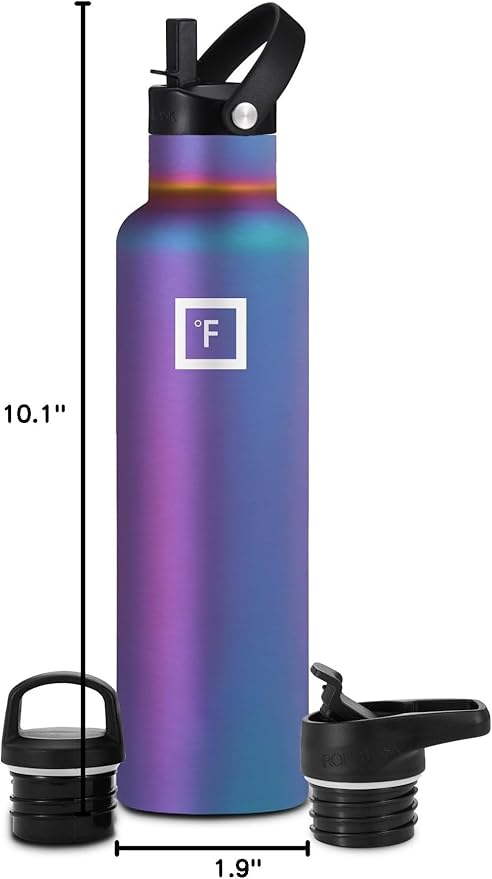 IRON °FLASK Camping & Hiking Hydration Canteens - 3 Lids (Narrow Straw Lid) Leak Proof Vacuum Insulated Stainless Steel - Hot & Cold Double Walled Sports Water Bottle - Aurora, 24 Oz