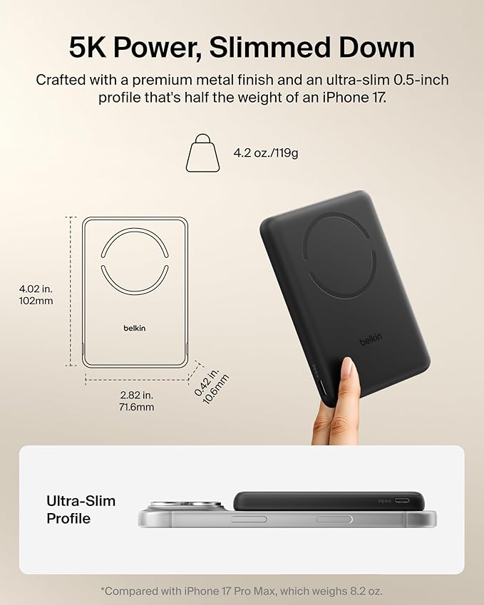Belkin MagSafe Power Bank 5,000mAh, Ultra-Slim Portable Charger Magnetic Back Supports MagSafe Accessories On-The-Go, Wireless Battery Pack w/USB C Cable for iPhone 17, Pixel 10, Travel - Black