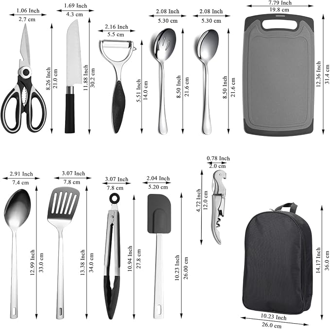 Camping Essentials, Evanda Camping Cooking Utensils, Travel Essentials, Portable Camping Kitchen Utensil Set for Travel, Picnics, RVs, Camping, BBQs, Parties