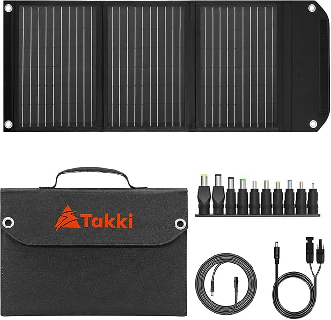 Takki 30W Solar Panel, Foldable Solar Panel Battery Charger Kit with USB DC Type-C Ports for Phones Laptop Portable Power Station Generator Camping Tent Home Off-Grid RV Outdoor, 10 Connectors