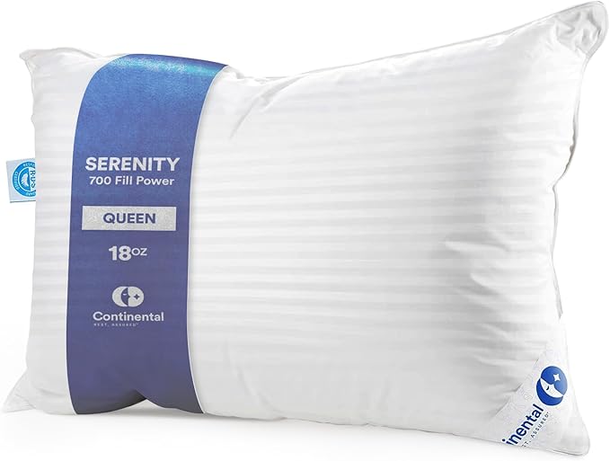 Continental Bedding | Serenity Goose Down Pillow | 700 Fill Power Hungarian White Down | 400TC Cotton Damask Shell | Made in USA | Queen,Soft