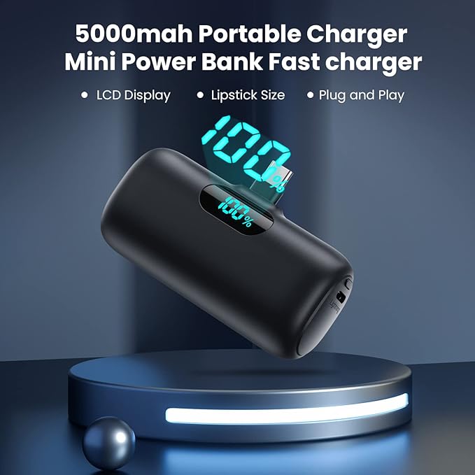 Mini Portable Charger 5000mAh Power Bank,15W PD USB C Cell Phone Portable Power, LCD Display Battery Pack Compatible With iPhone 15/15 Plus/15 Pro/15 Pro Max/Android/Samsung/Moto/LG (Type-C Only)