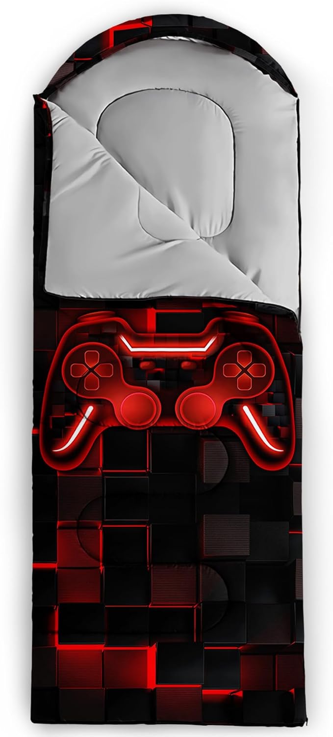 Axolotl Gamepad Sleeping Bag,3 Season Warm and Cool Weather Game Console Sleeping Bag for Boys Teens,Waterproof Lightweight Geometry Hexagonal Sleeping Bag for Traveling,Outdoors Camping,Blue,Black