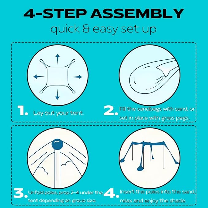 Beach Tent Sun Shelter 10 x 10ft, with 4 Aluminum Poles, Includes Sand Shovel, Ground Pegs and Carry Bag, Outdoor Pop Up Beach Shade Canopy for Camping, Fishing, Backyard Fun or Picnics